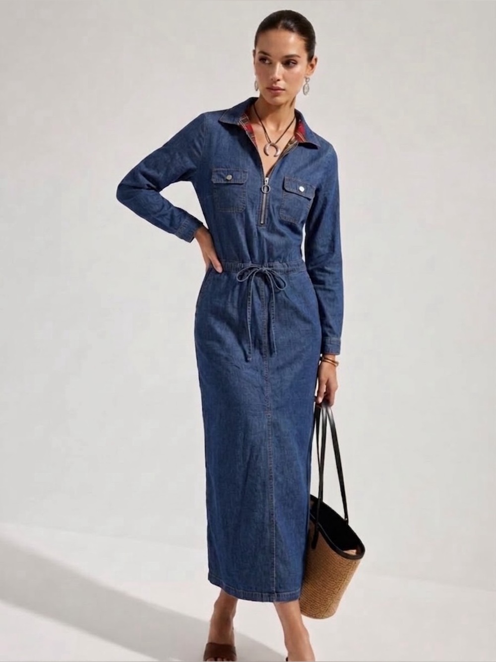 Vintage Burberry Denim Midi Dress Nova Check Collar Zipper Drawstring Size 10